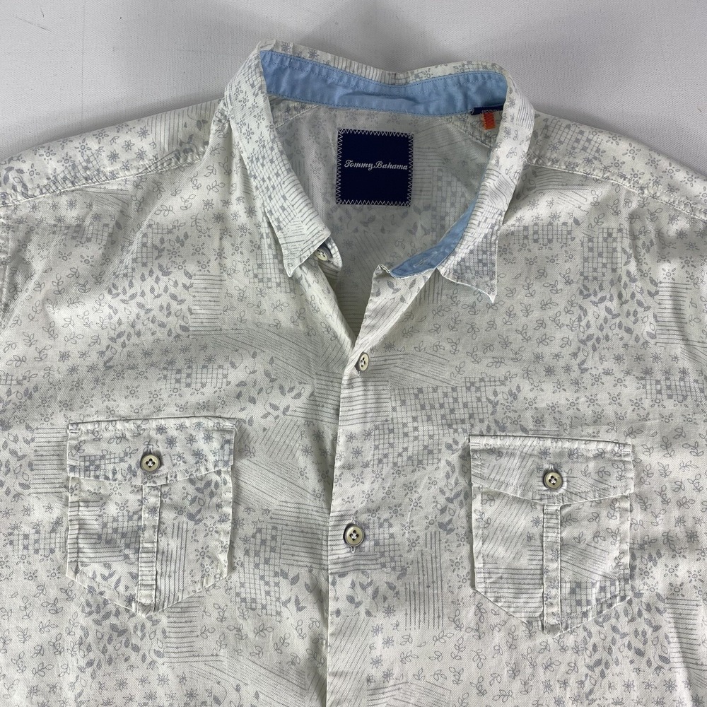 Tommy Bahama Button‎ Down Shirt Mens XL Floral Patch Print Crossword Silk Cotton